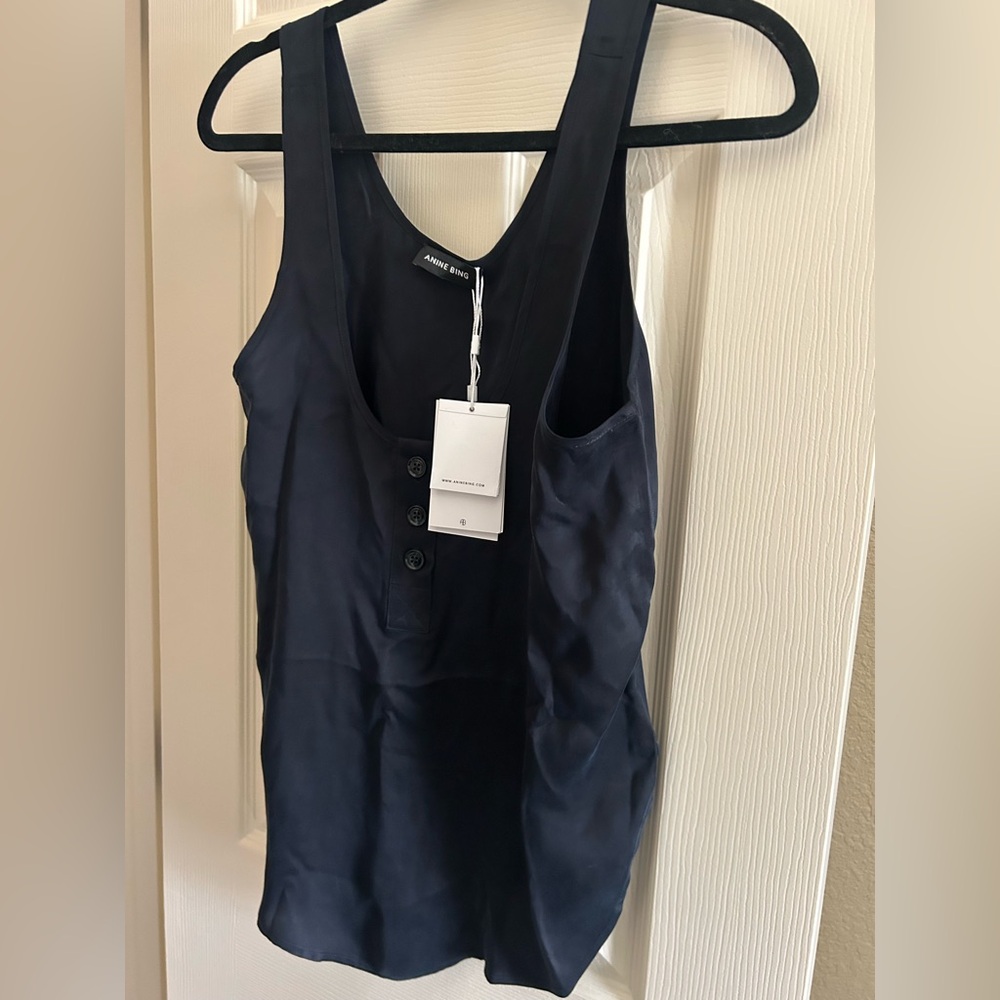 Anine Bing Navy Satin Henley Tank